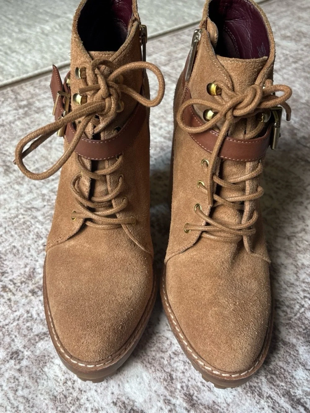 BCBGeneration Brown Suede Lace-Up Block Heel Ankle Boots with Buckle - Picture 2 of 8